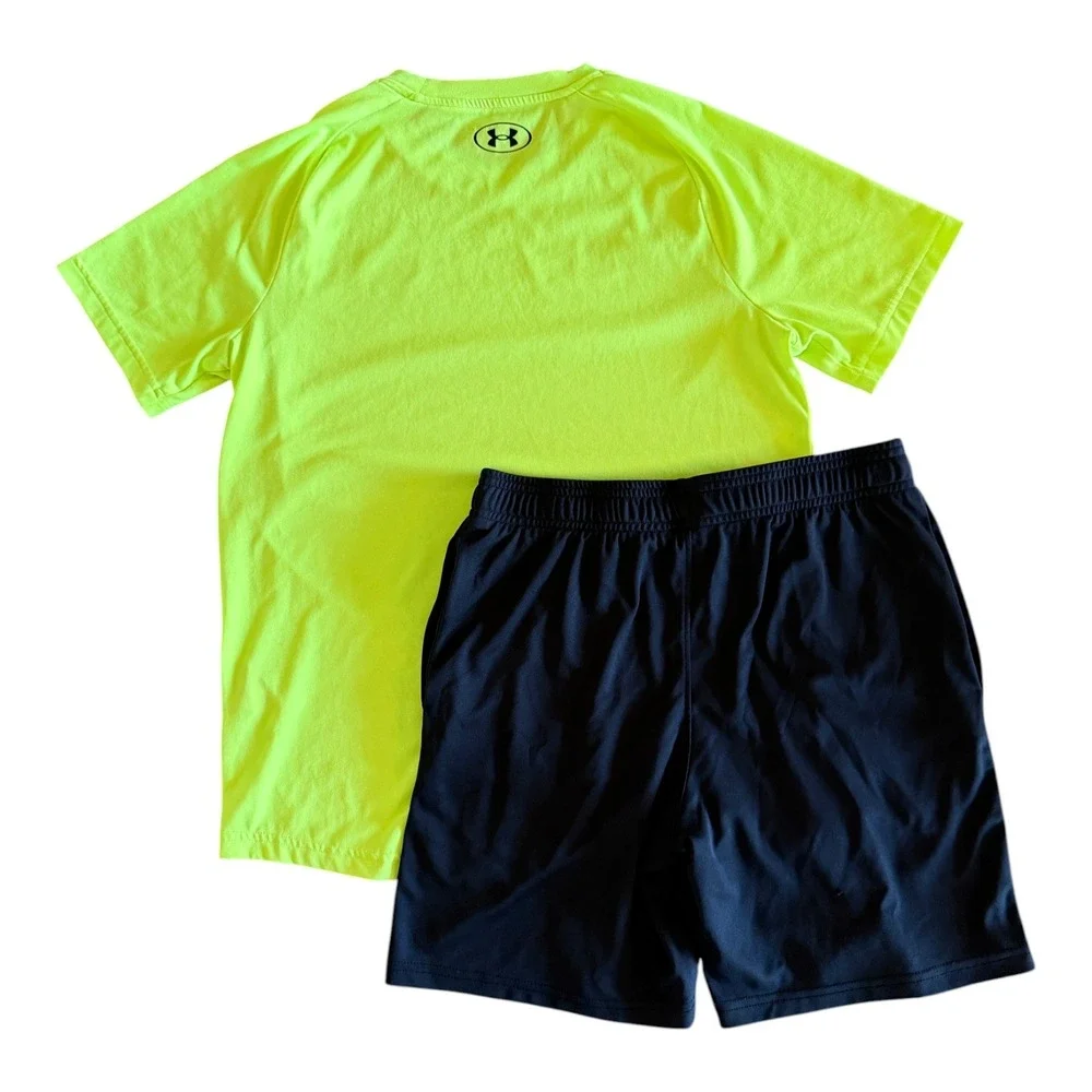 Under Armour Boys Neon Yellow Black Athletic Shirt Shorts Set - Youth Large